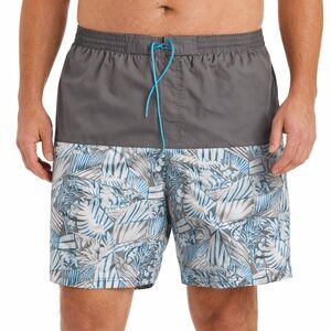 Rochester Men's Gray & Light Blue Tropical Print Swim Trunks 1XLT